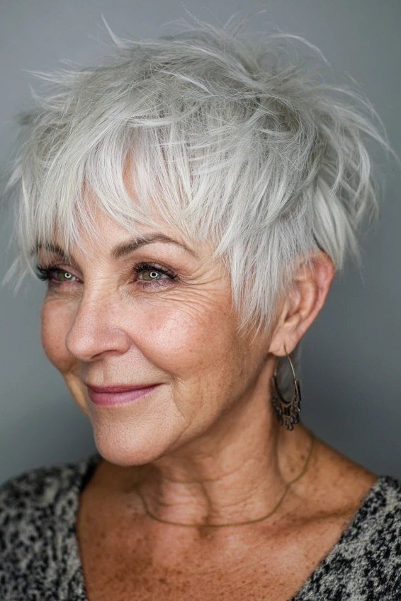 White shaggy pixie haircut with volume for women over 60