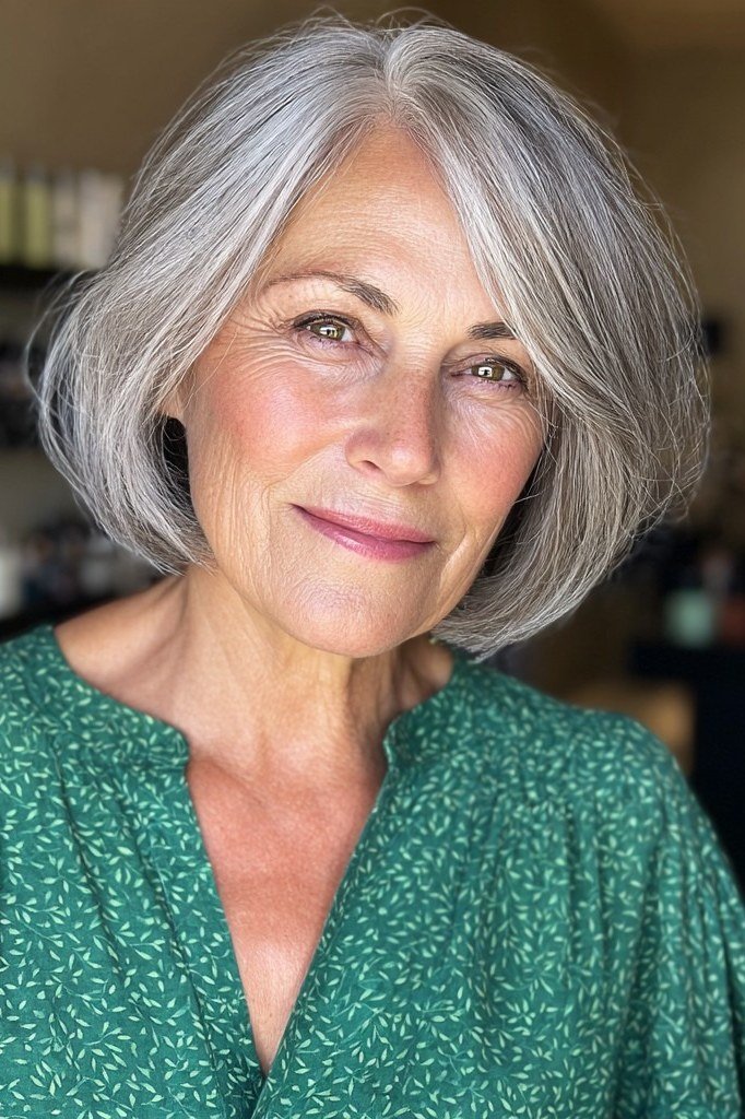 41. Gray Feathered Bob - wash and wear hairstyle for older women