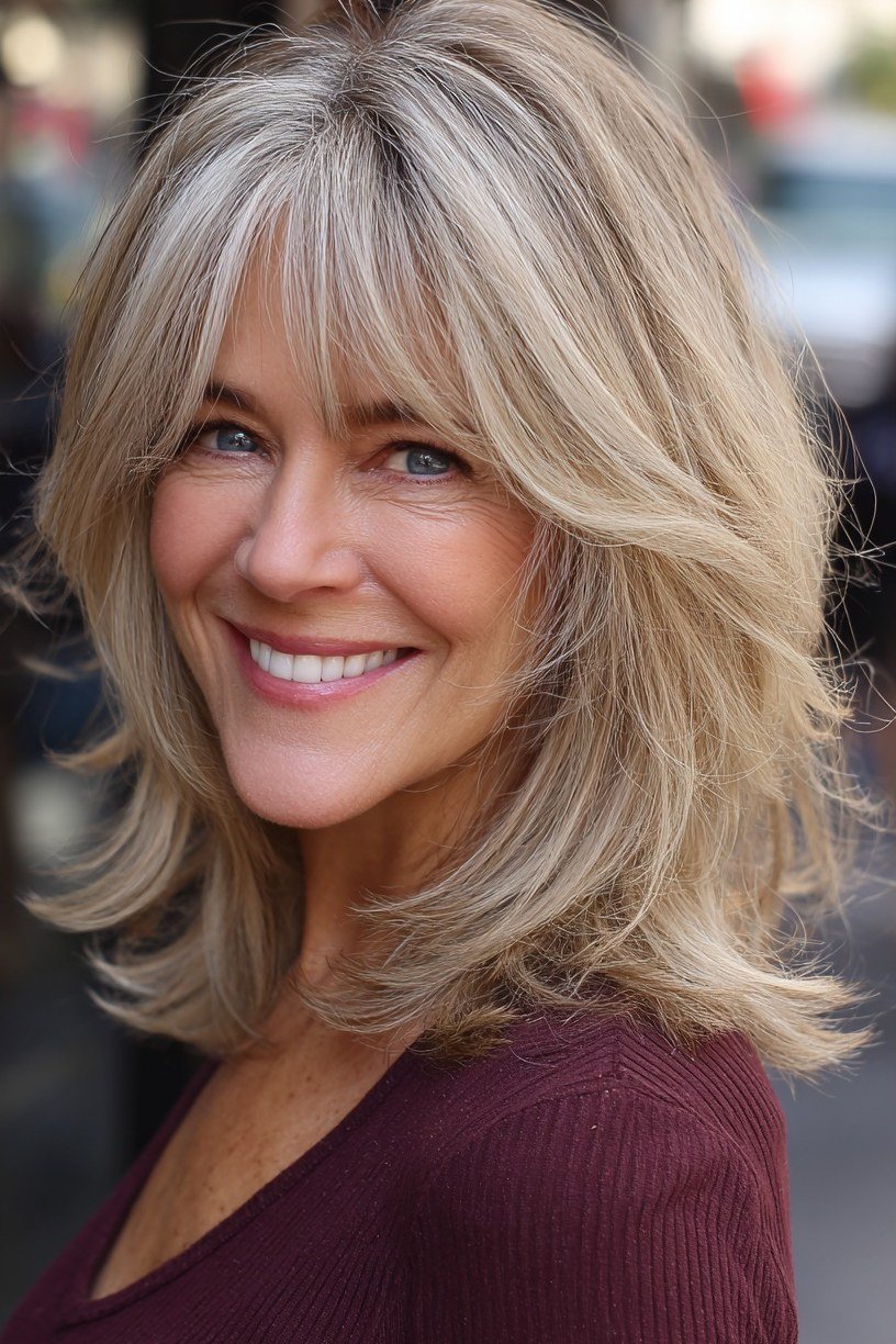 Blonde layered mid length hair for women over 50