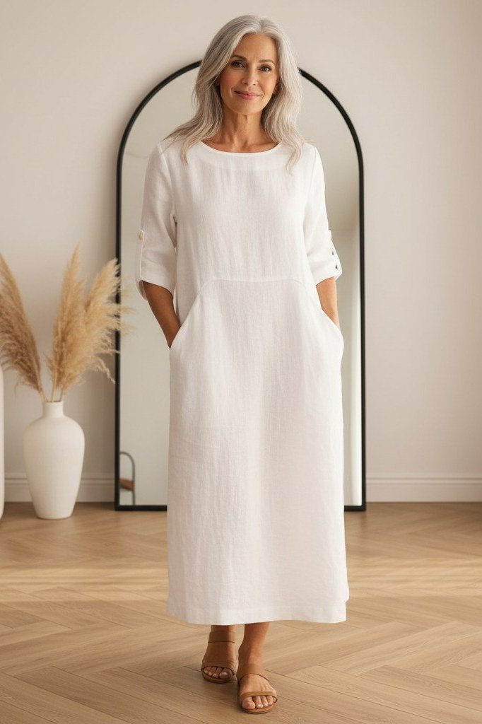 White Linen Midi in a Minimal Interior summer outfit idea for women over 60