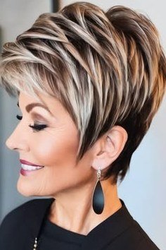 dark tousled textured pixie for women over 50 side view