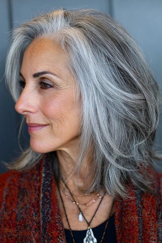 Layered Grey Shoulder Hair - grey hairstyle for women over 60