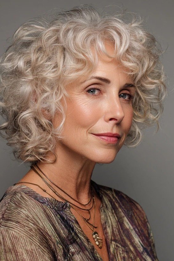 Grey Curly Bob With Texture - short curly hairstyle for women over 60