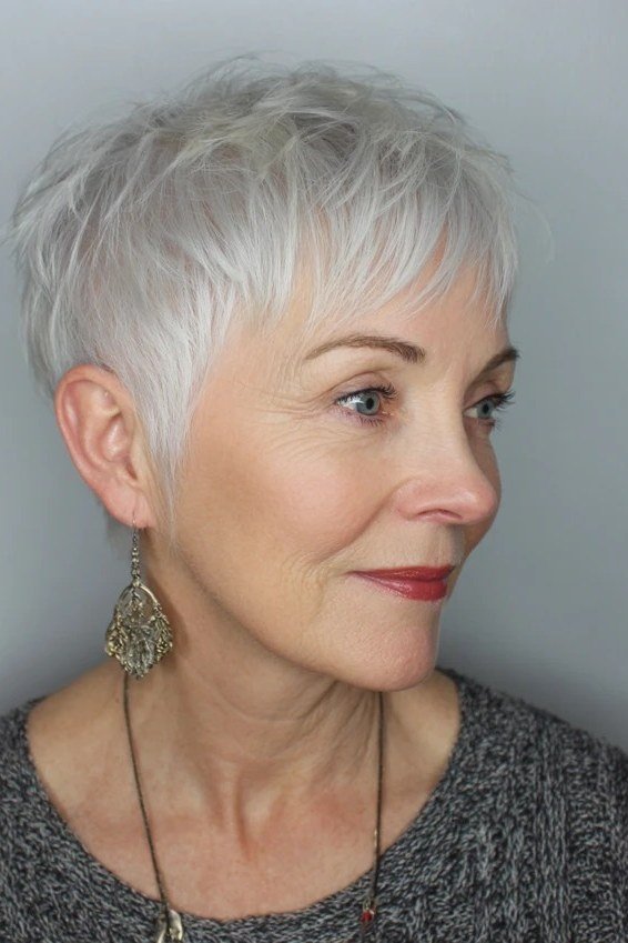 Silver pixie with soft fringe for older women