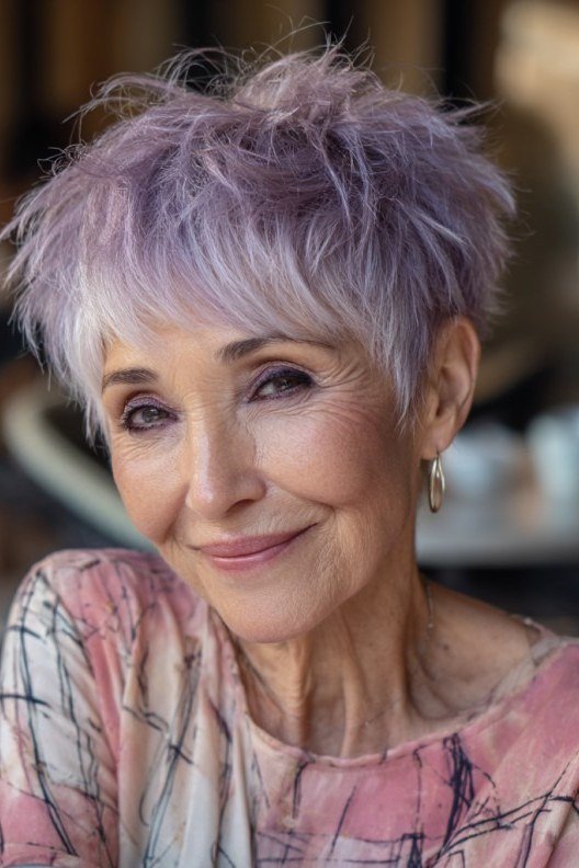 Lavender tinted feathered pixie, soft bangs, front view for women over 60