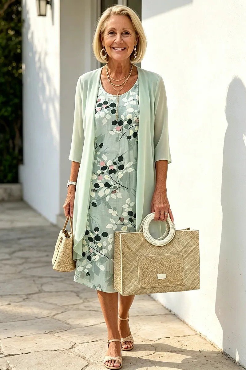 mint floral dress with cardigan for women over 60