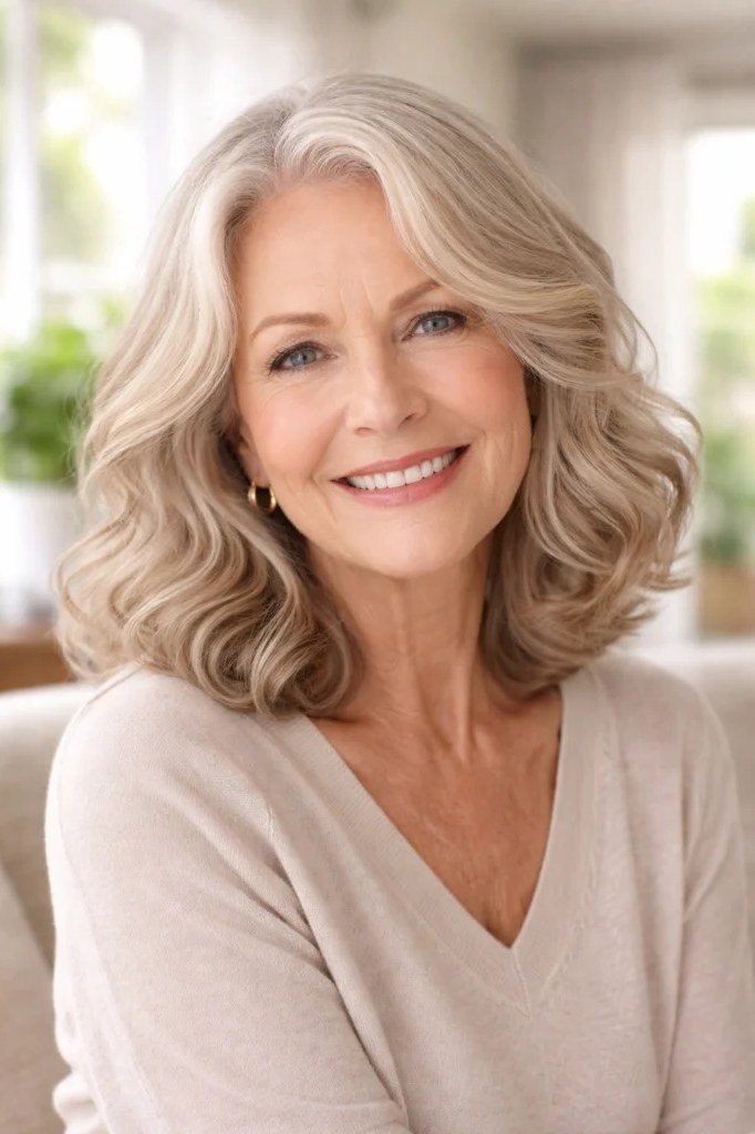 Cream blonde wavy lob for women over 60