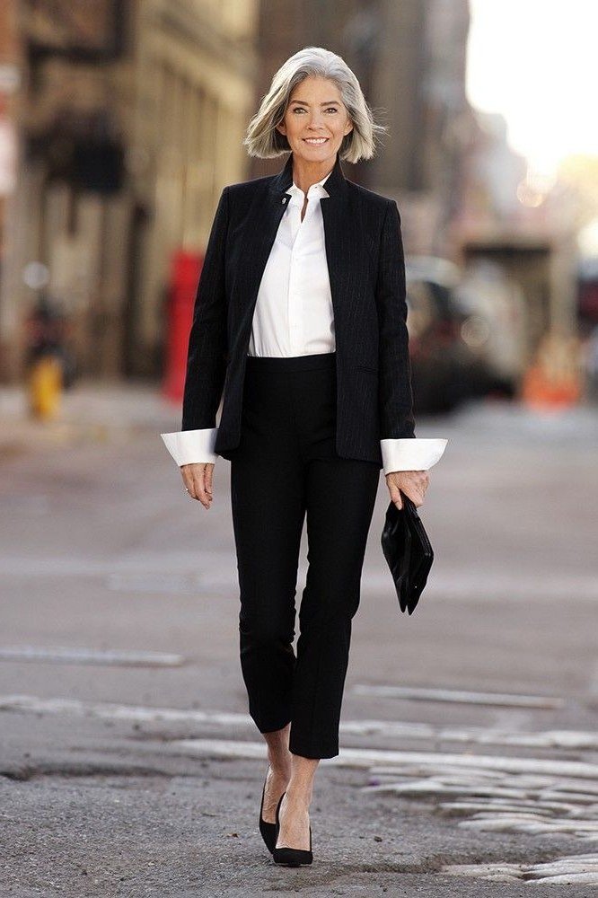 black blazer with white shirt and black trousers for women over 50