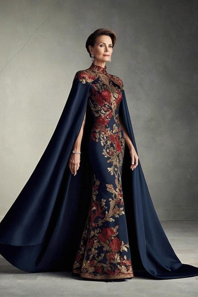 Navy gown with gold embroidery and cape sleeves for women over 50, fall date night outfit