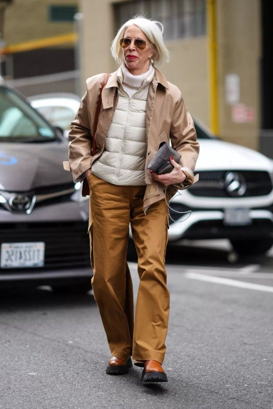 Casual fall outfit for women over 60: burgundy wool blazer, black trousers, black loafers