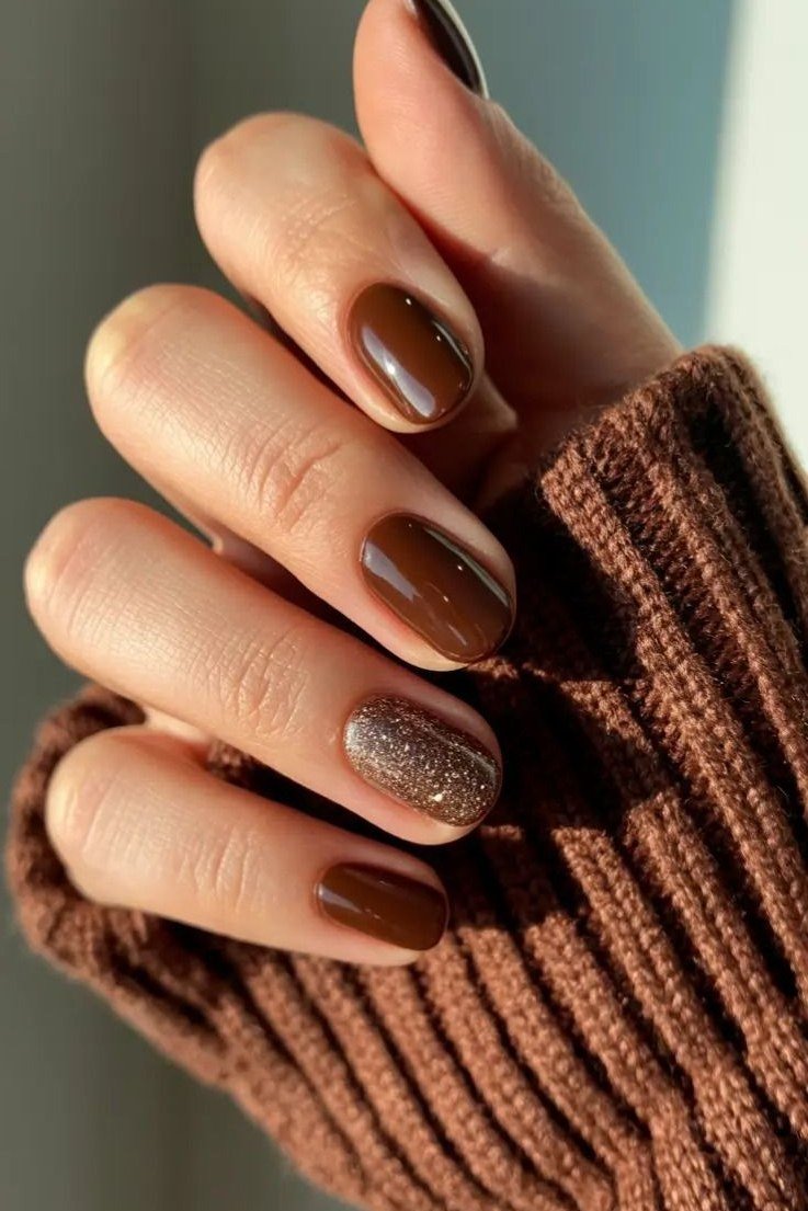 Copper glitter mix: copper glitter, chocolate brown and bronze metallic, almond shape, medium length, glossy, rust sweater cuff, fall nail color for women over 40