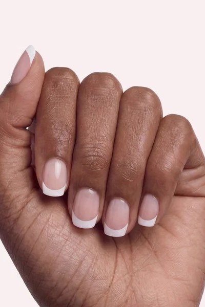 short squoval, thin white french, dark skin hand , for women over 60