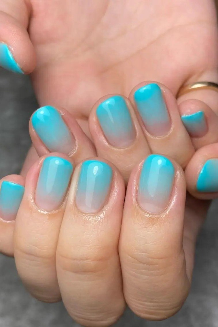 Turquoise ombre on short nails, ombre nail design for women over 60