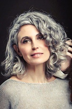 Defined silver ringlet curls chin length