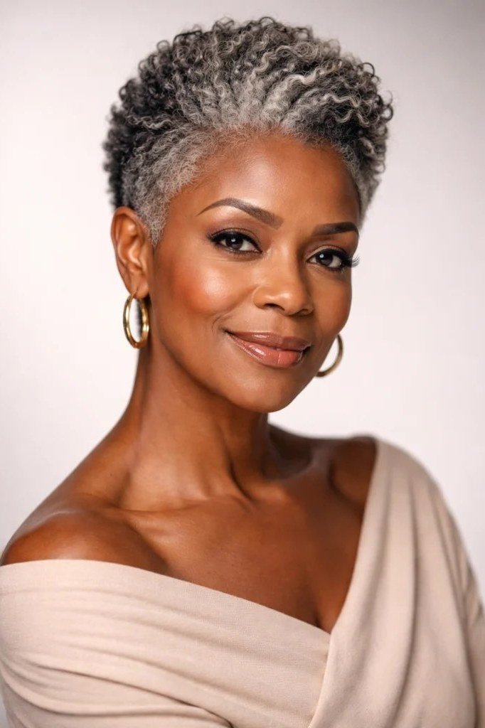 Silver tapered curly crop for mature Black women