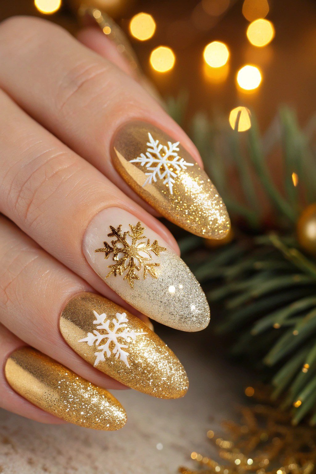 golden glitter christmas nails with white snowflakes