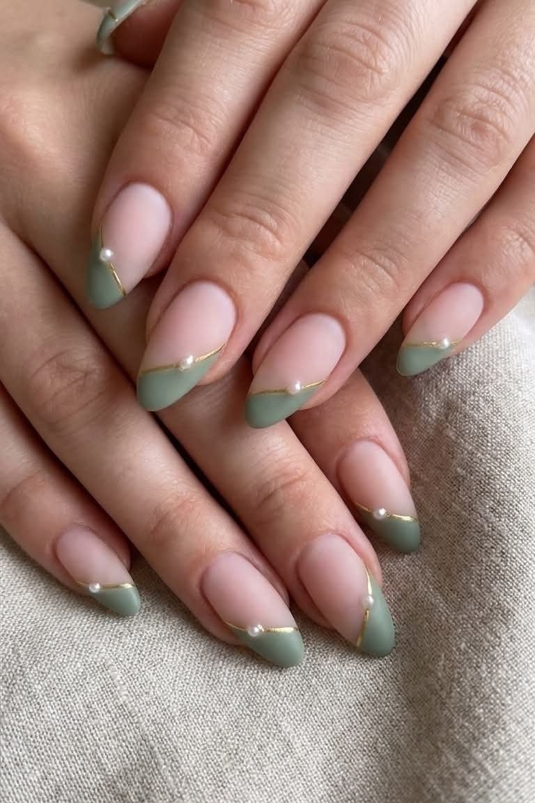 Sage green french tip nails, best manicure idea for women over 60
