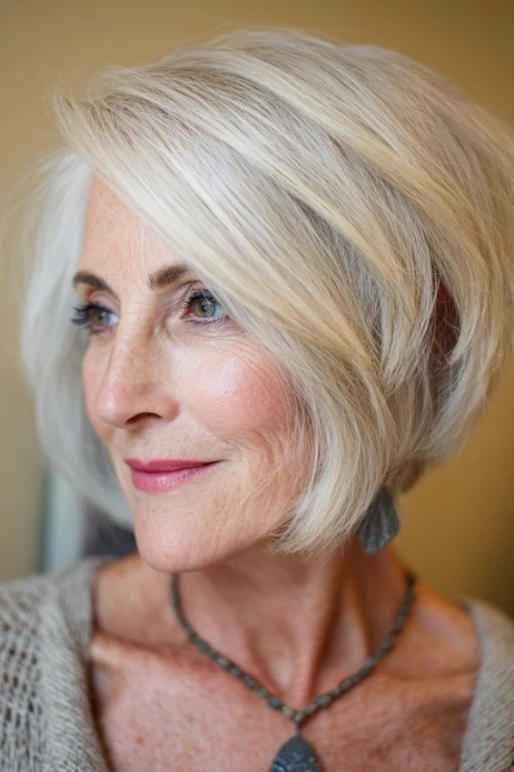 White angled bob with sleek finish - trendy short haircut for older women with fine hair