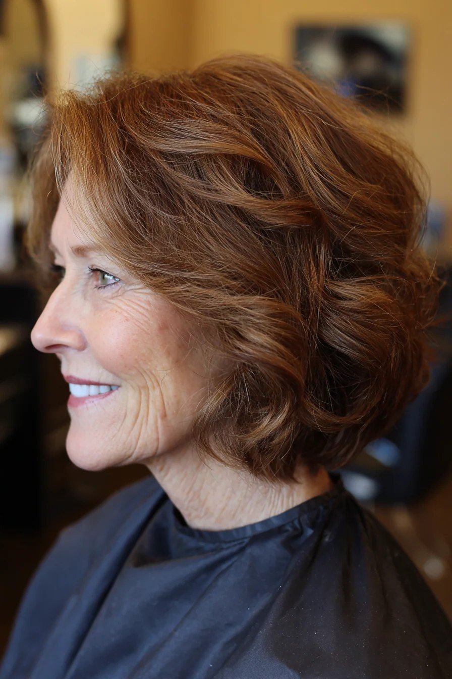 Auburn curly bob, side view, woman in her 60s