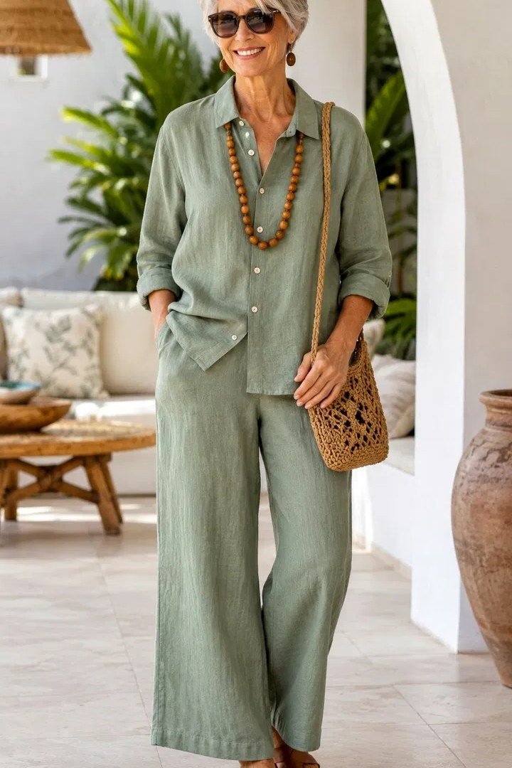 Sage linen shirt with wide leg pants and beaded necklace, vacation outfit for women over 40