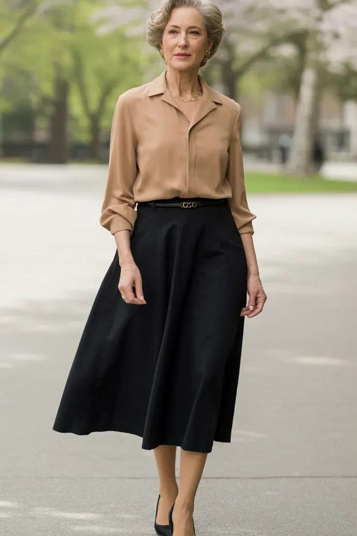 Camel Blouse With a Black Midi Skirt, smart casual outfit for women over 50