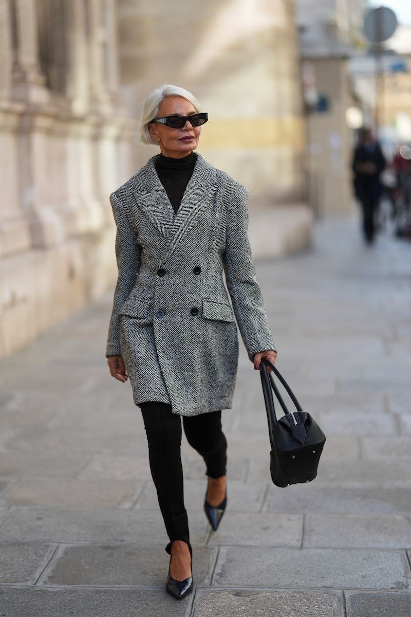 grey herringbone double breasted coat church outfit for women over 60