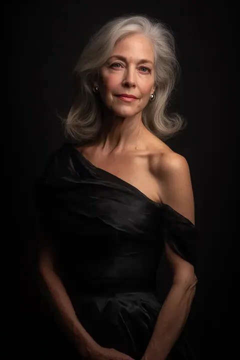 Black one-shoulder evening gown for women over 50