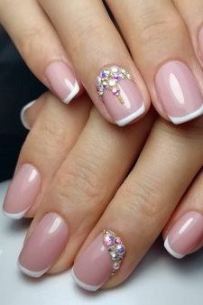 Blush French with Gold Gems - elegant nail art idea for mature hands, women over 50