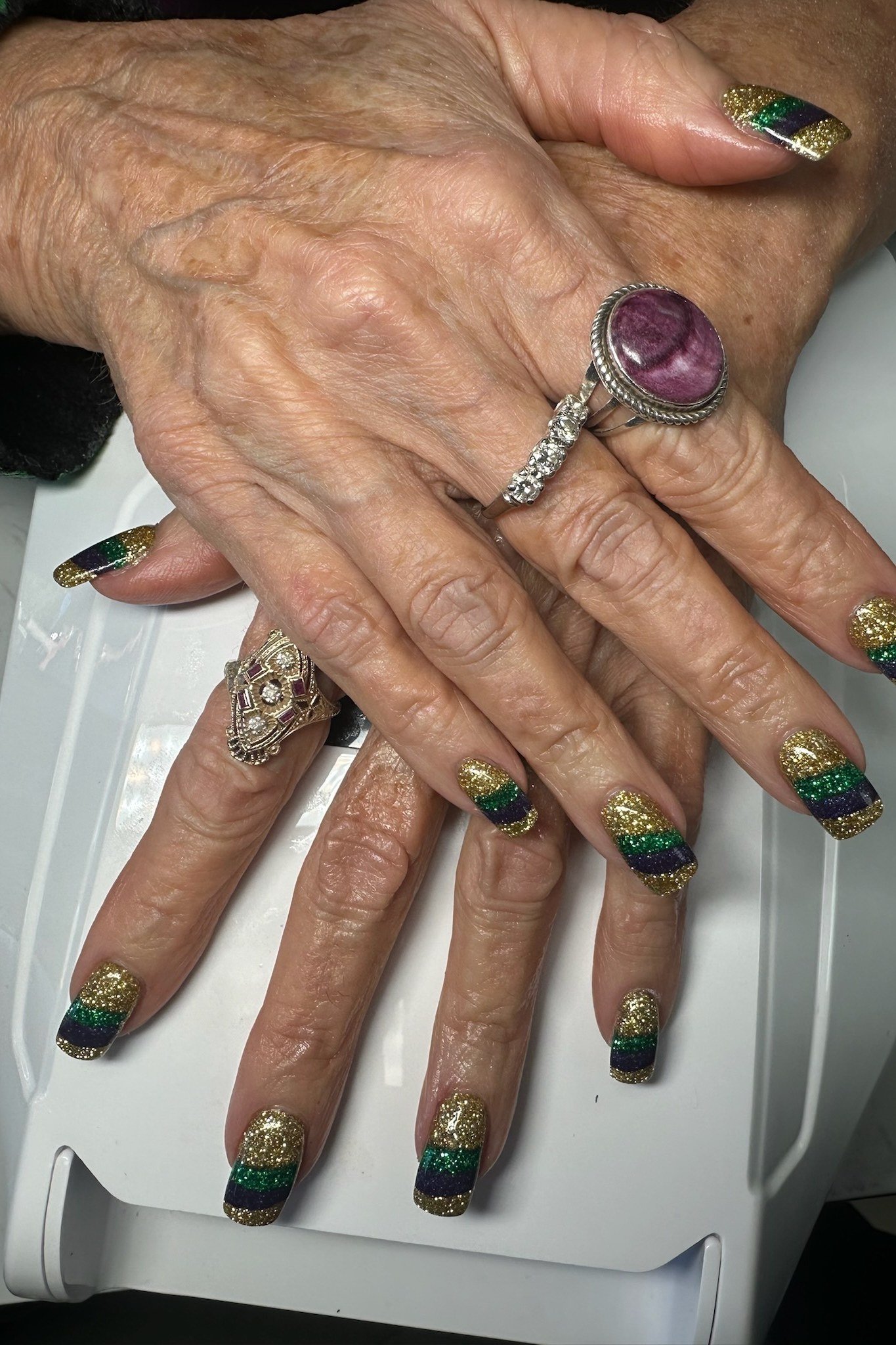 Emerald Green Glitter Tip Nails - emerald green glitter tip elderly nails, glitter winter nail design for women over 60