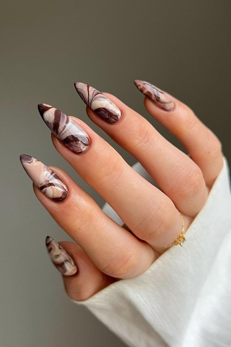 Chocolate Marble Almond Nails, chocolate brown fall nail design for women over 60