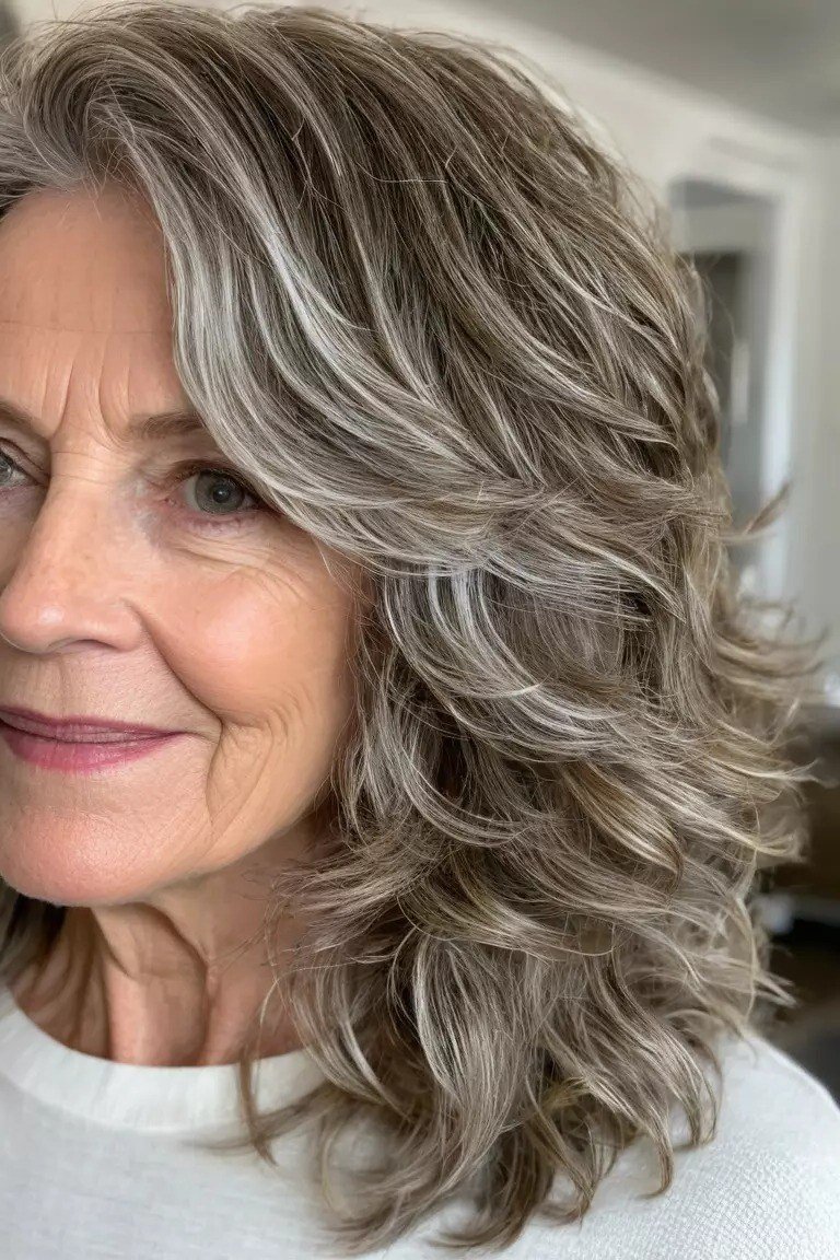 long wavy salt and pepper layers for older women, front view