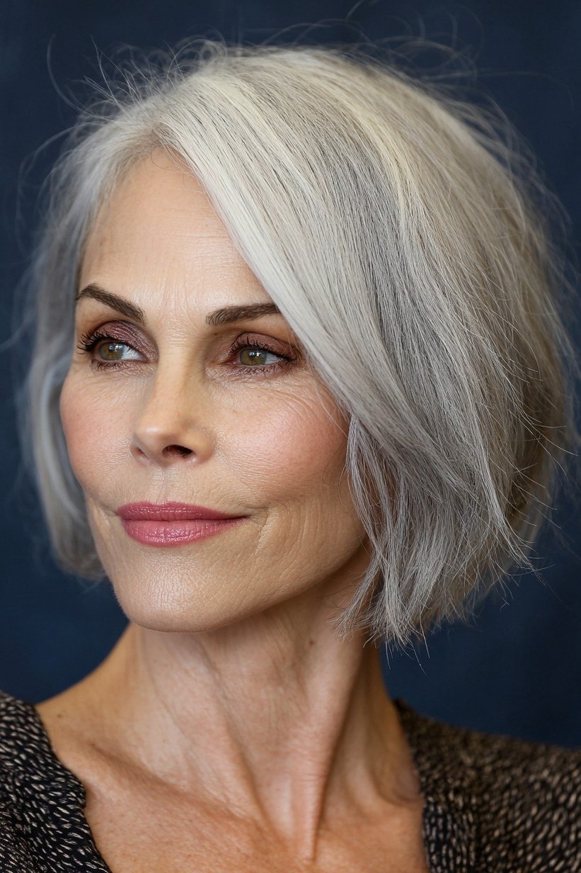 Silver bob, side three-quarter view, angled cut, timeless hairstyle for women over 70