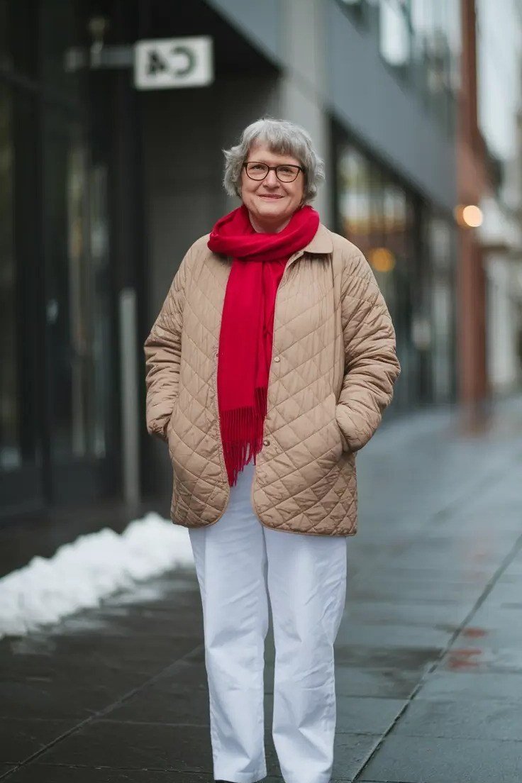 Fall city outfit for women over 50: beige quilted jacket red scarf white trousers