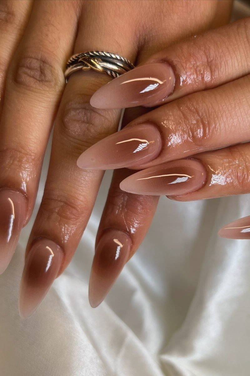 Nude-to-Brown Ombre Almond Nails - brown nail idea for women over 50