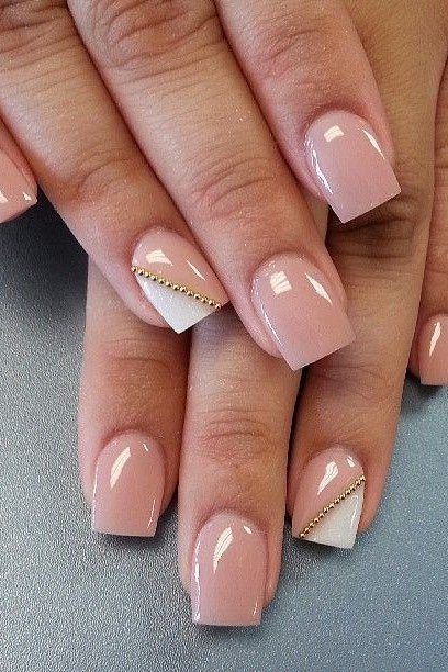 Gold Geometric French Tips - nude nail art idea for women over 40