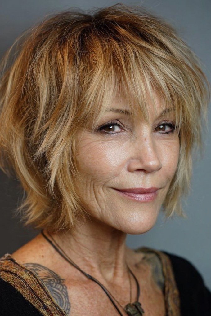 Voluminous Honey Blonde Shag with Choppy Bangs - medium shag haircut for women over 40