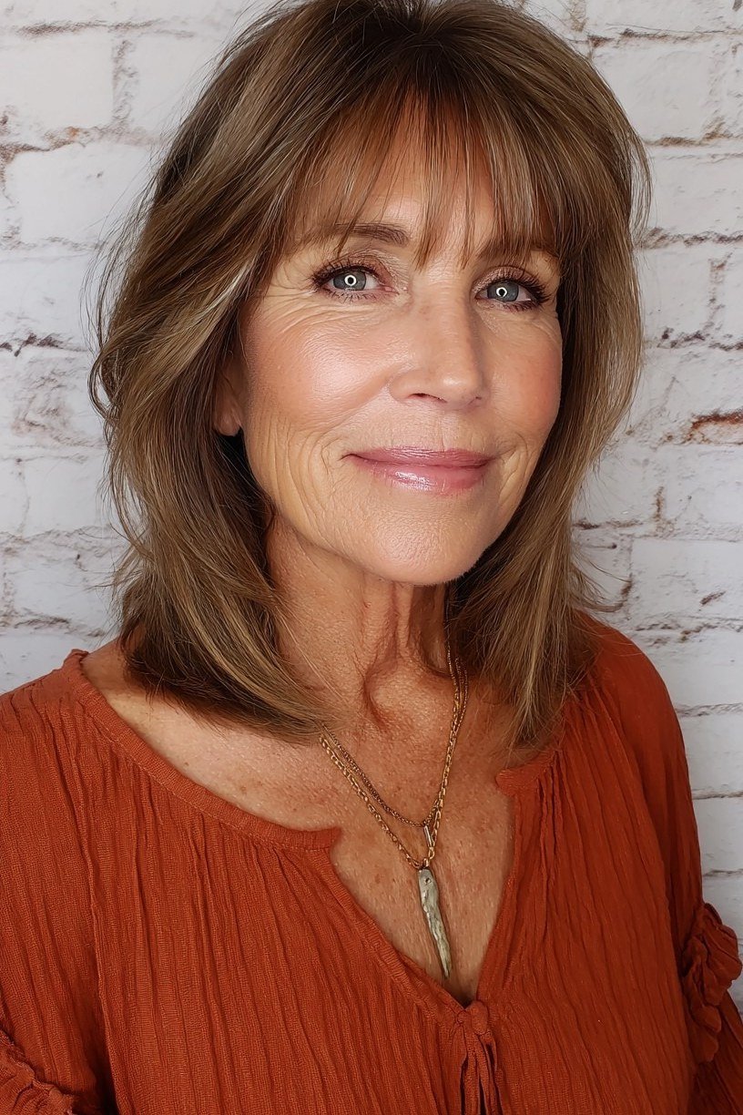 Brown Medium Cut with Soft Bangs, medium hairstyle for women over 70