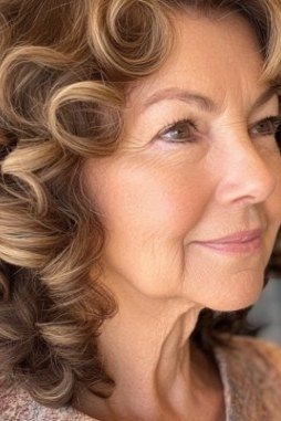 Light brown curly bob three-quarter view - curly hairstyle for women over 60