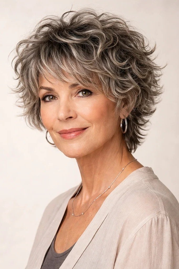 White pixie with bangs in studio portrait