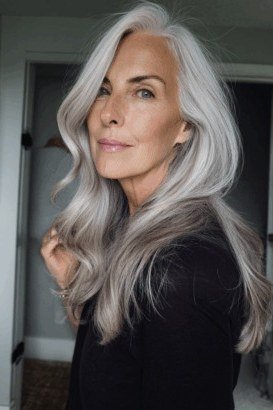 Long silver-gray layered waves for women over 50