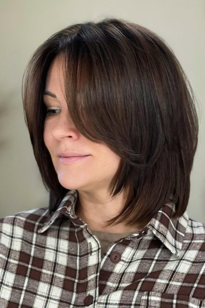 Dark Brown Sleek Lob with Plaid Shirt - layered lob hairstyle for women over 60