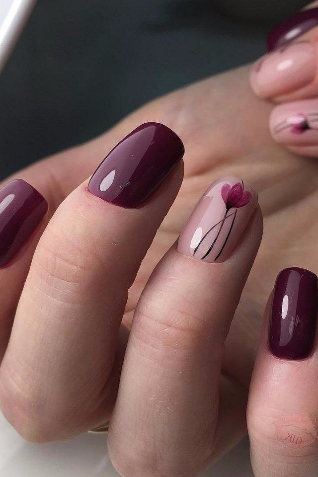 45. Plum Nails With a Floral Accent - Thanksgiving nail art idea for women over 50