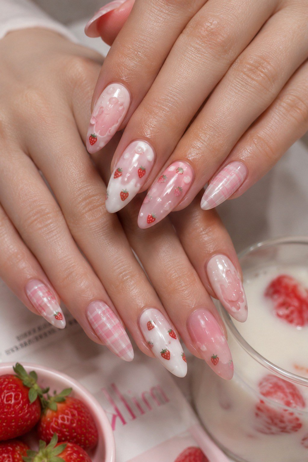 Almond nails with strawberry art and gingham checks