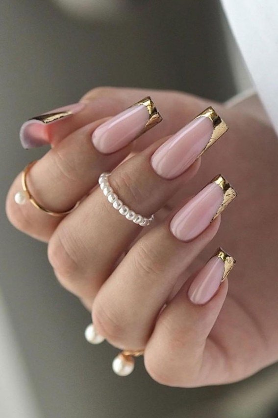 pink square nails with gold french tips