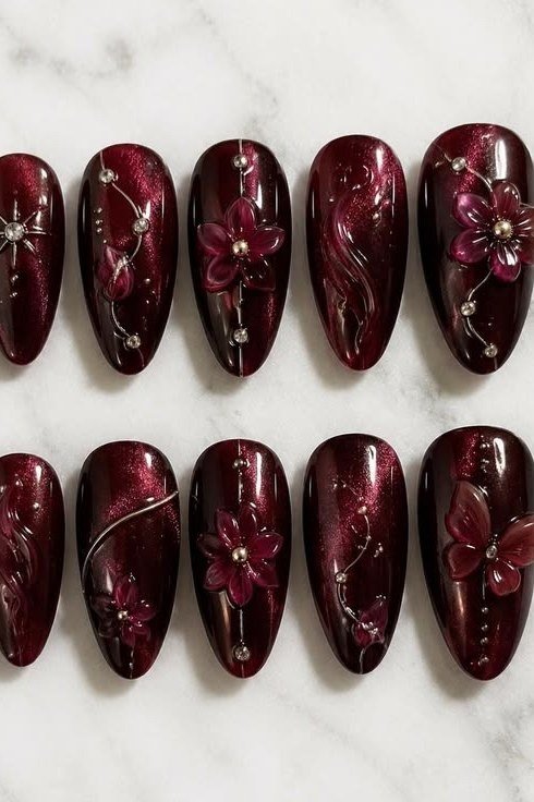Burgundy floral press-on set, burgundy fall nail idea for women over 60