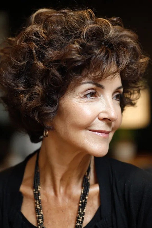 Dark brown curly lob with bangs, three-quarter view