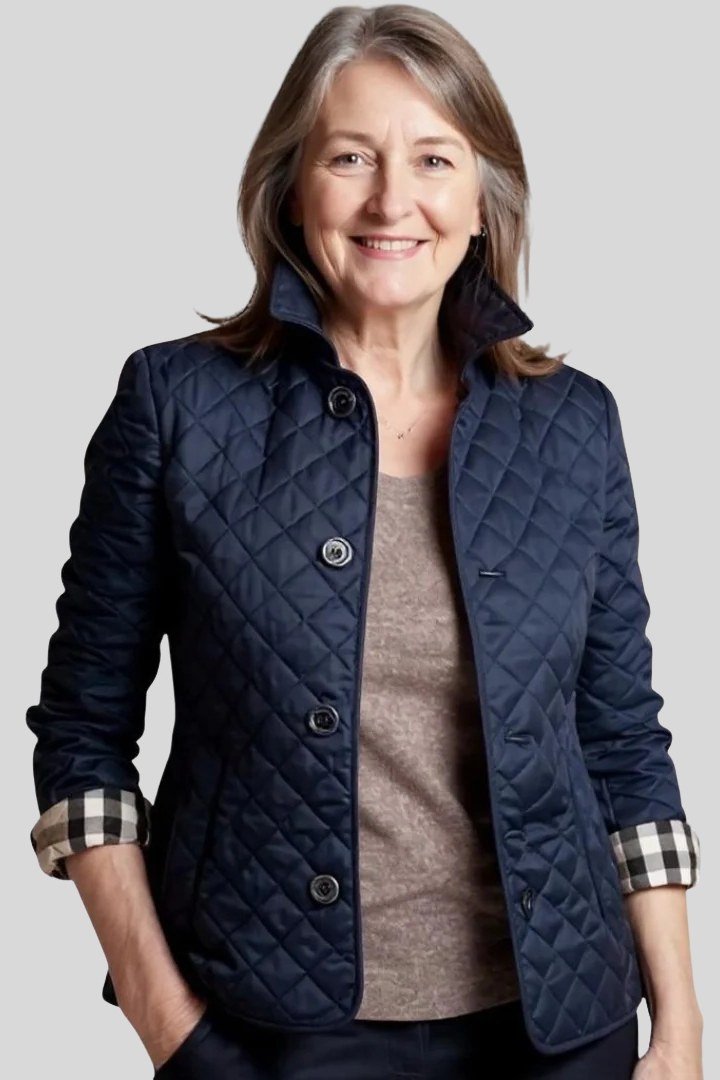 Navy quilted jacket outfit for women over 60