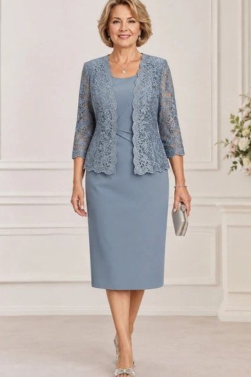 Dusty blue lace jacket dress - wedding guest outfit for women over 50