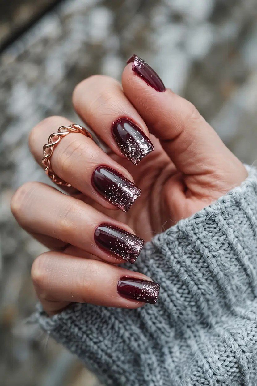 Burgundy Glitter Ombre Nails, fun winter nail idea for women over 60