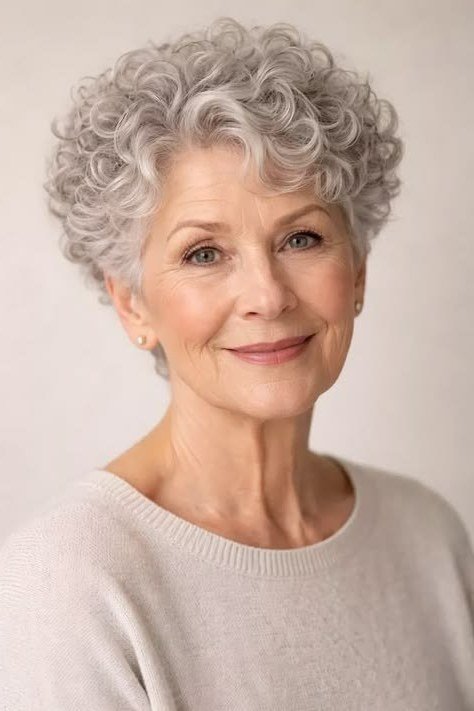 Tight-Curl Grey Pixie hairstyle for women over 60
